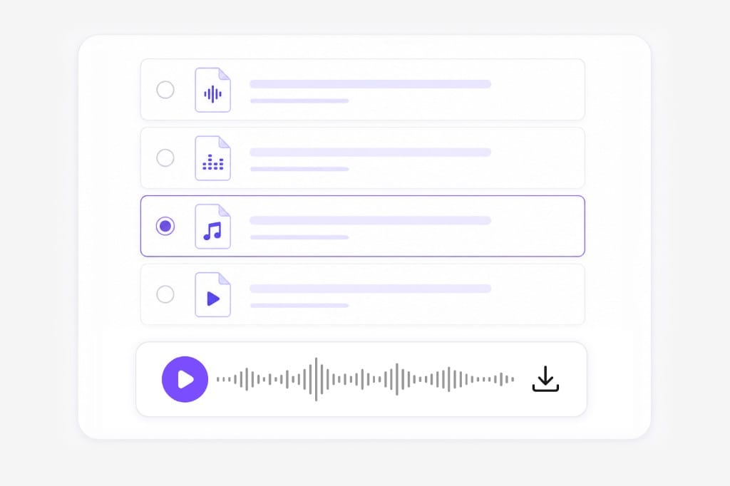 Audio format selection pills for MP3 WAV M4A FLAC export