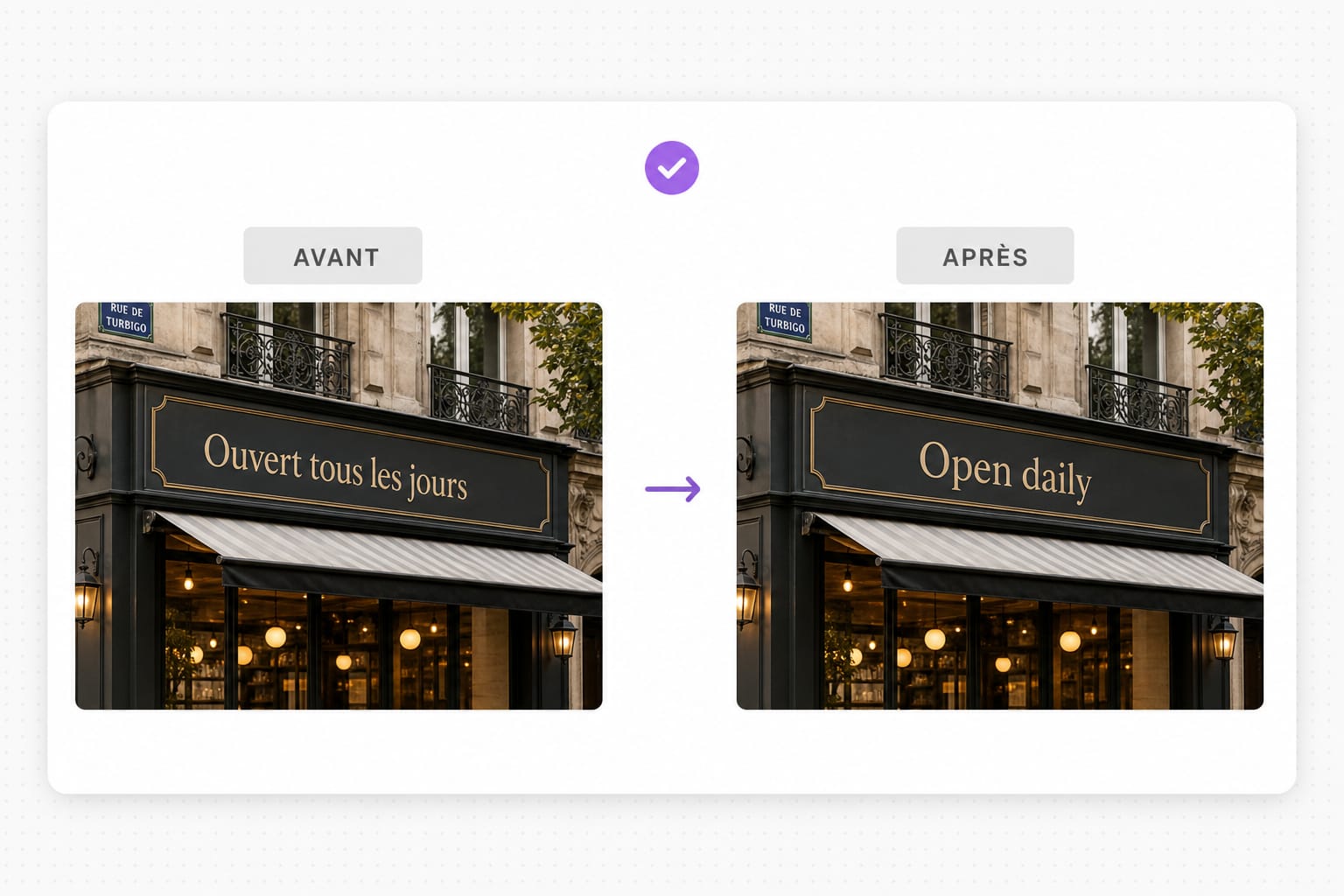 Image To English Translator French sign before and after English overlay