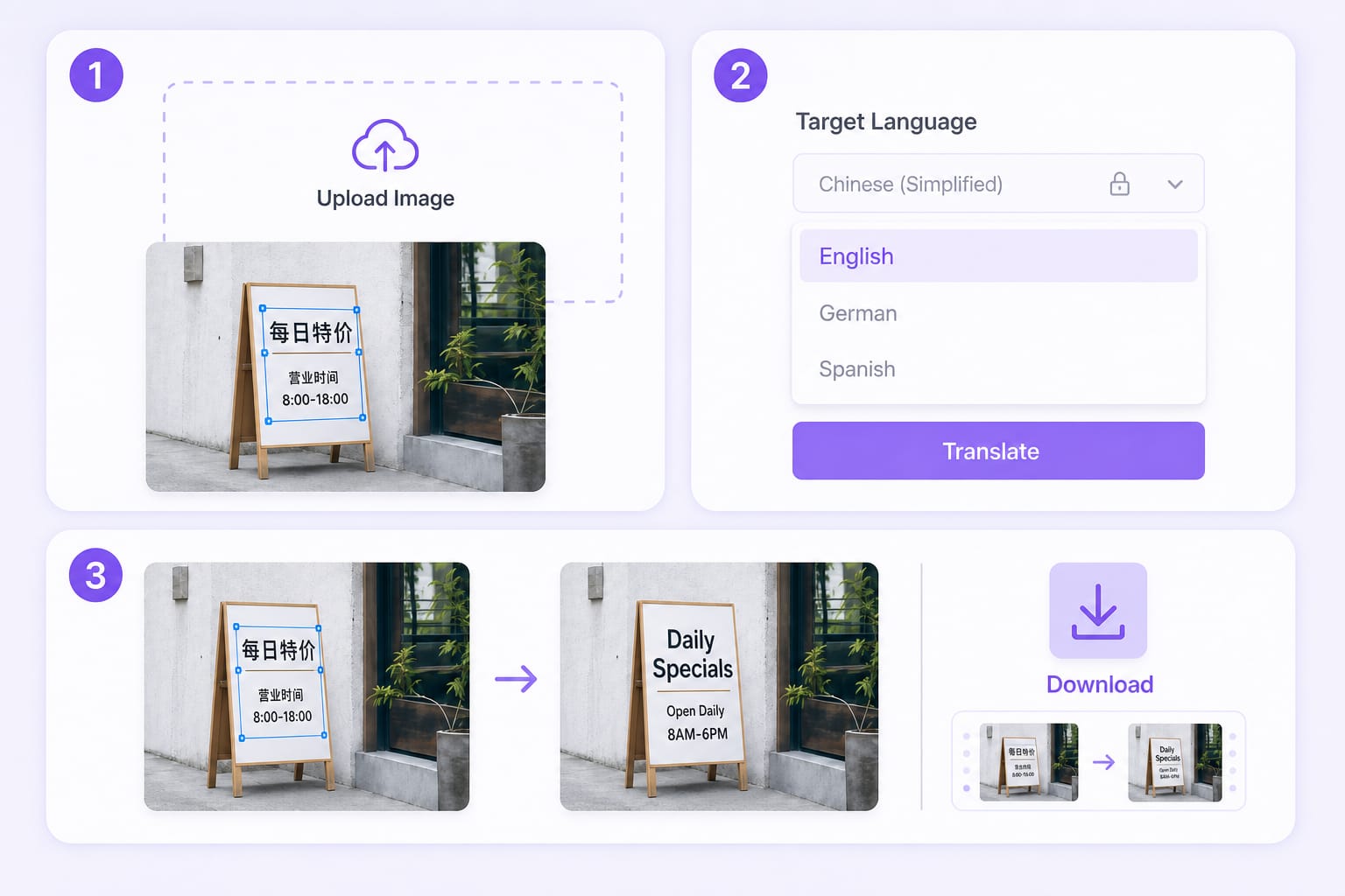 How to translate Chinese to English in a picture: upload Chinese image, choose English target, download