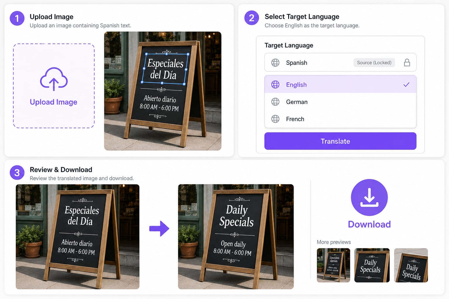How to translate Spanish to English in a photo: upload Spanish image, choose English target, download