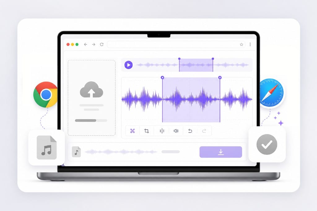 Laptop browser M4A cutter with Chrome Safari upload and download workflow illustration