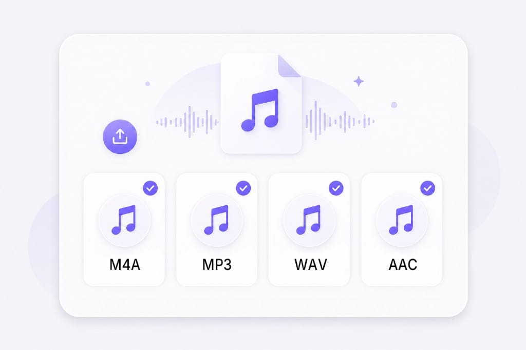 Music file with waveform and M4A MP3 WAV AAC export format cards illustration