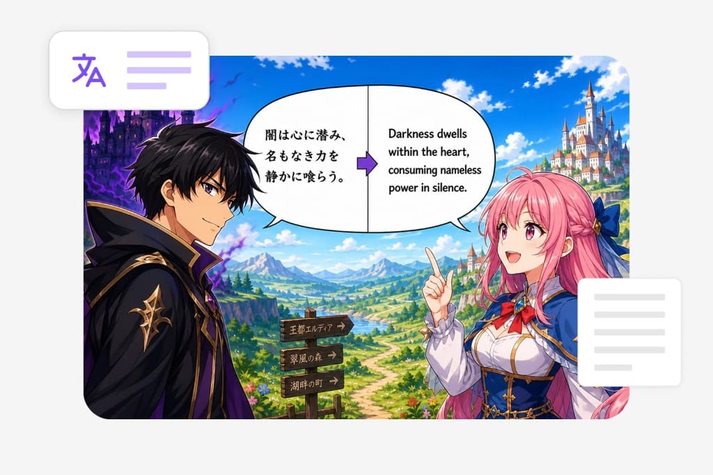 Color manga panel with manga translation overlay in speech bubble