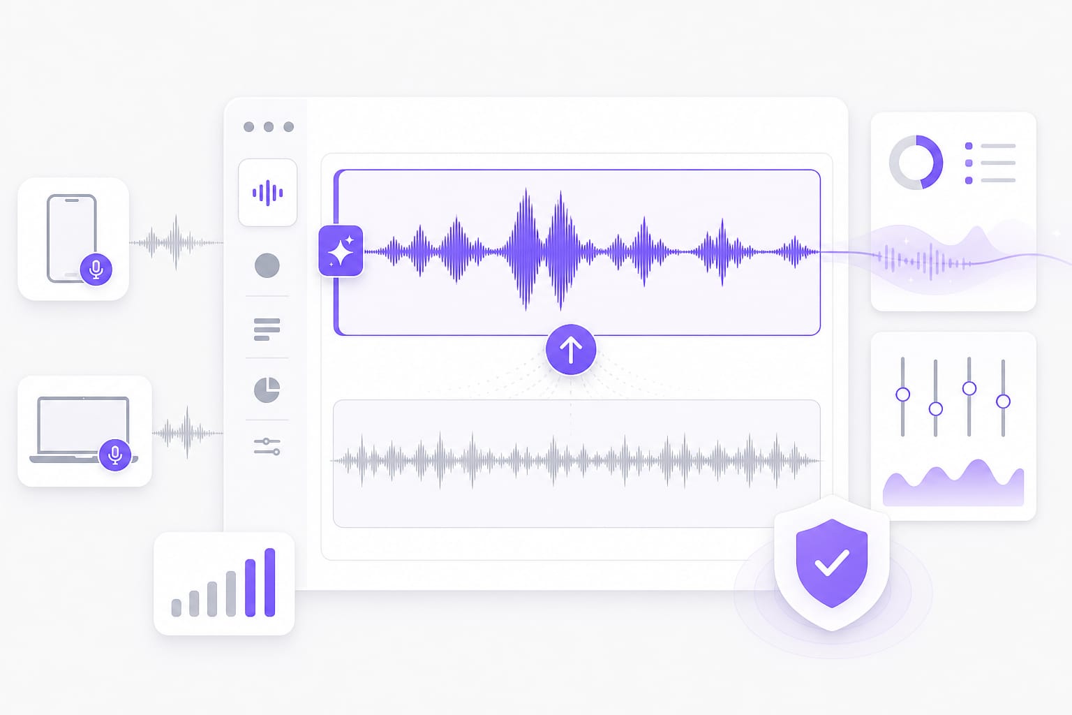 Phone and laptop mic speech clarified in a browser UI