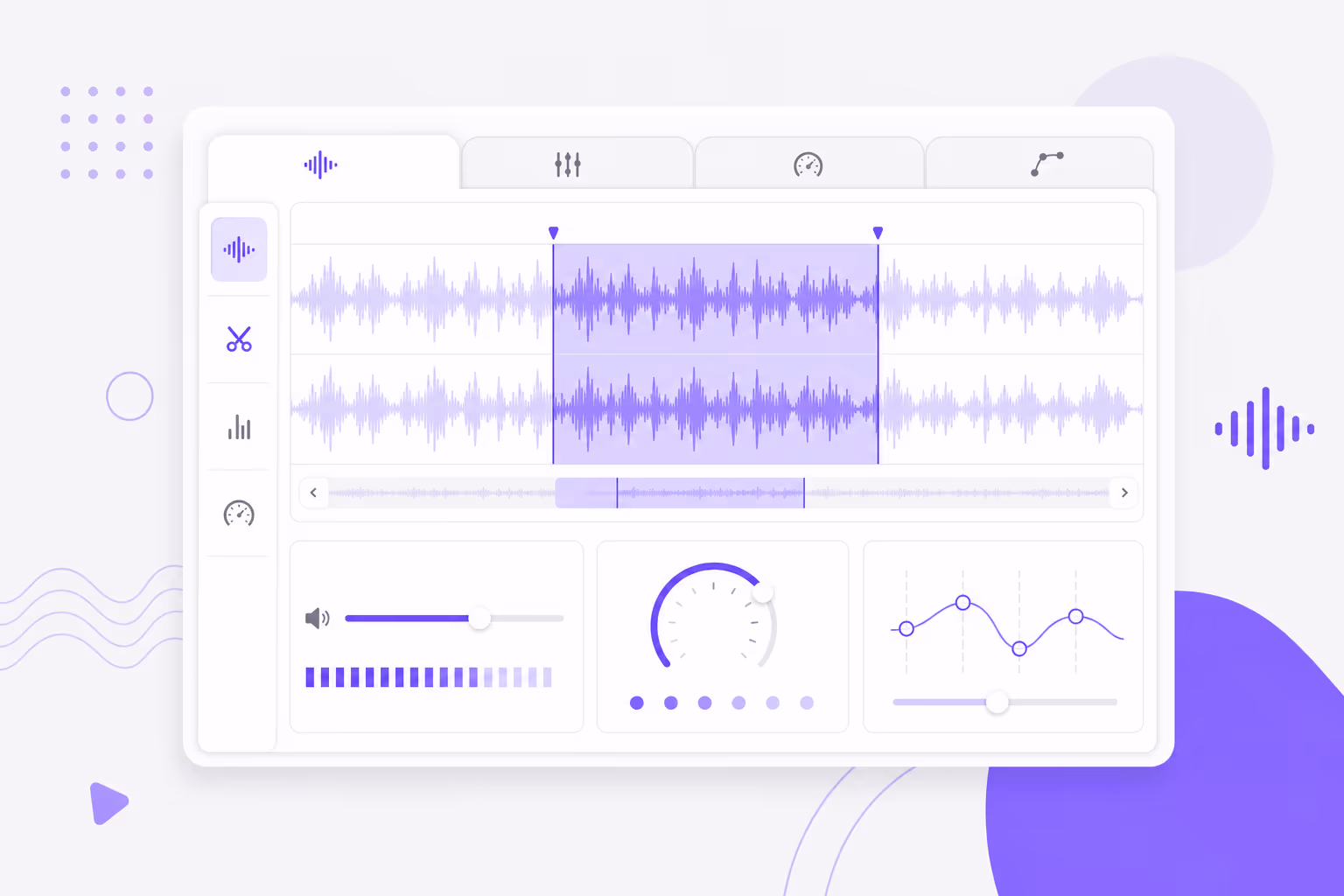 Audio editor with trim, volume, speed, and pitch tabs