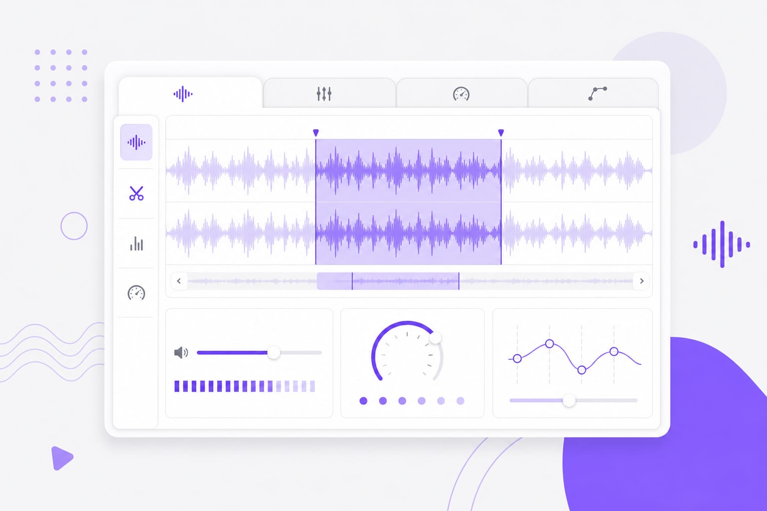 Editor de áudio com abas de corte, volume, velocidade e tom