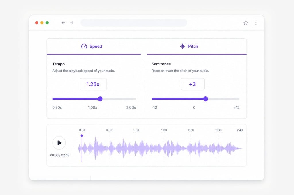 Music pitch and speed controls in one editor session