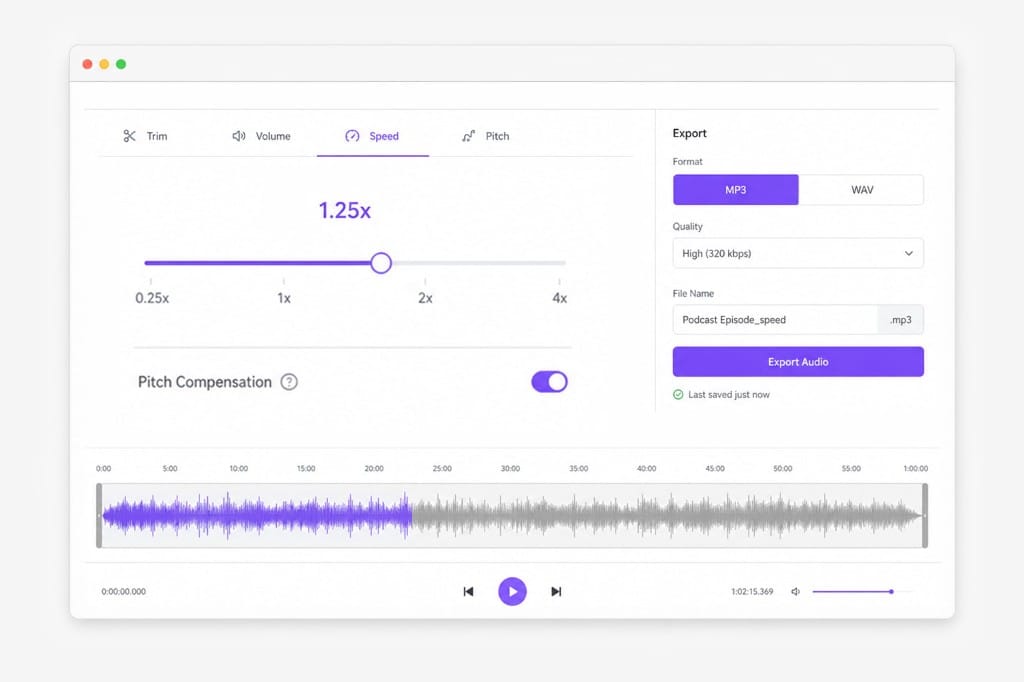 Browser-based music speed editor with trim, speed, and export tabs