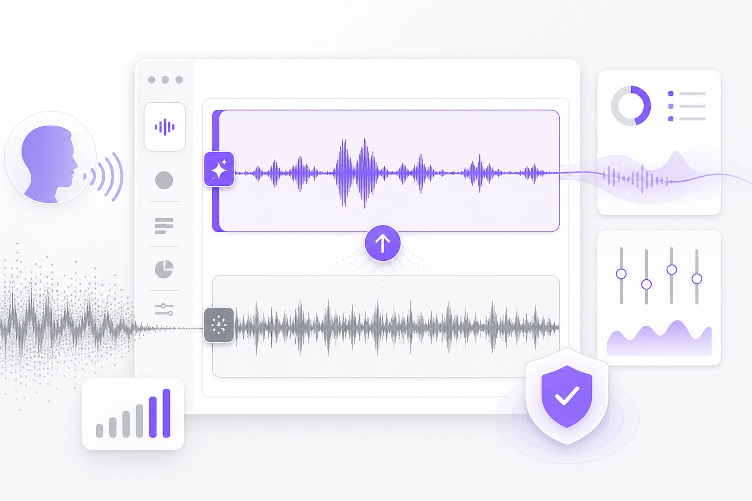 Vocal stem isolated from noisy background mix illustration