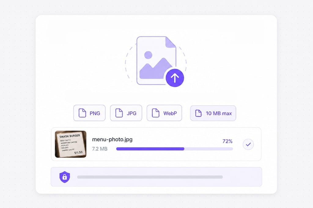PNG JPG WebP 10 MB upload progress for menu photo