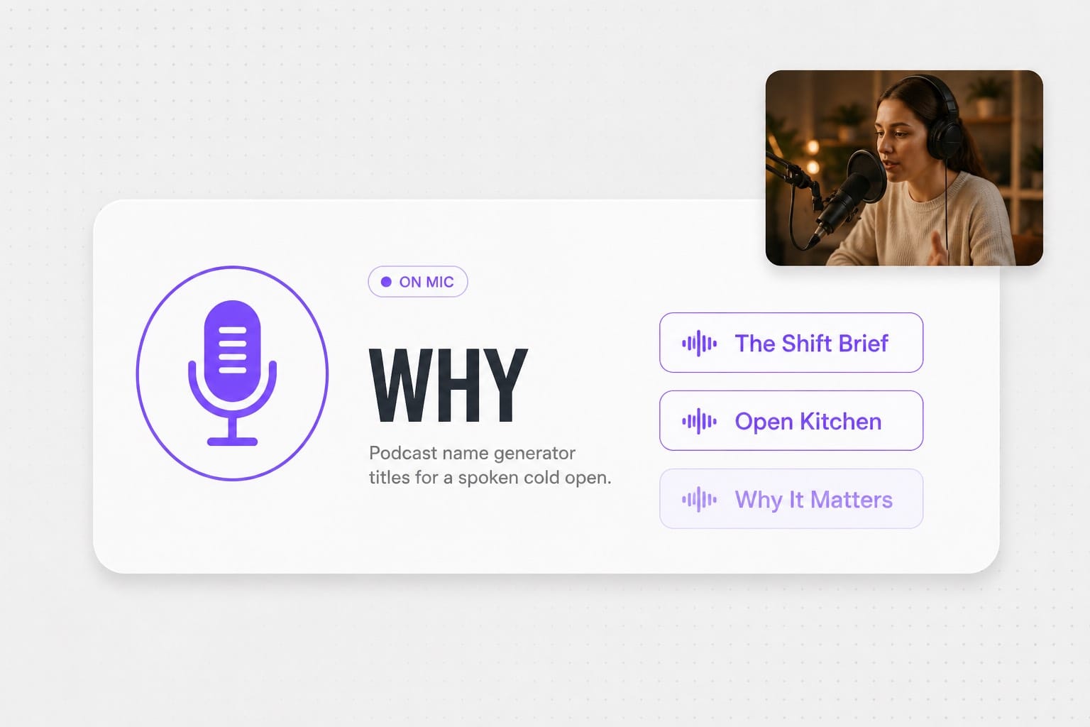 Podcast name generator titles written for spoken cold opens