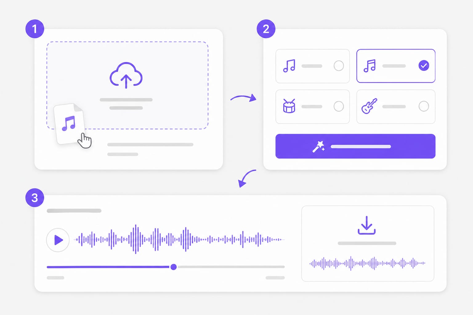 Vocal removal workflow: import a song, select instrumental stem, and download karaoke track