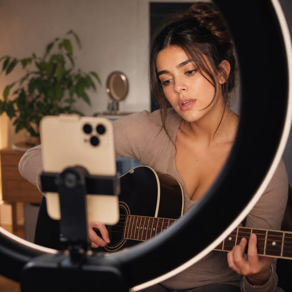 Creator filming a cover with vocals in the mix