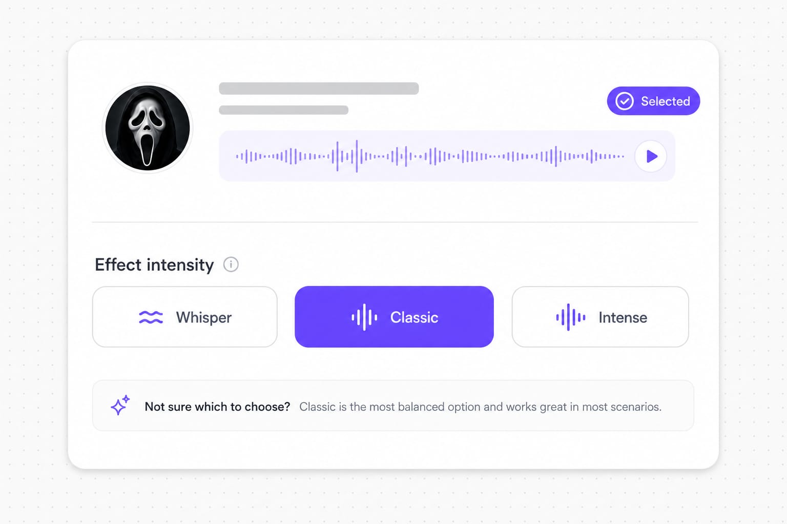 Scream voice changer Whisper Classic Intense selector