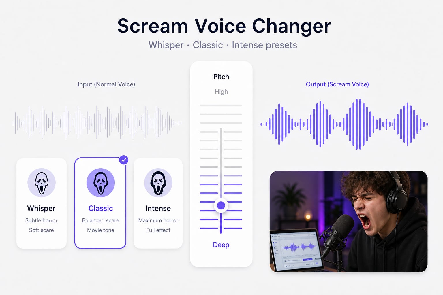 Voice changer scream effect with Whisper Classic Intense levels