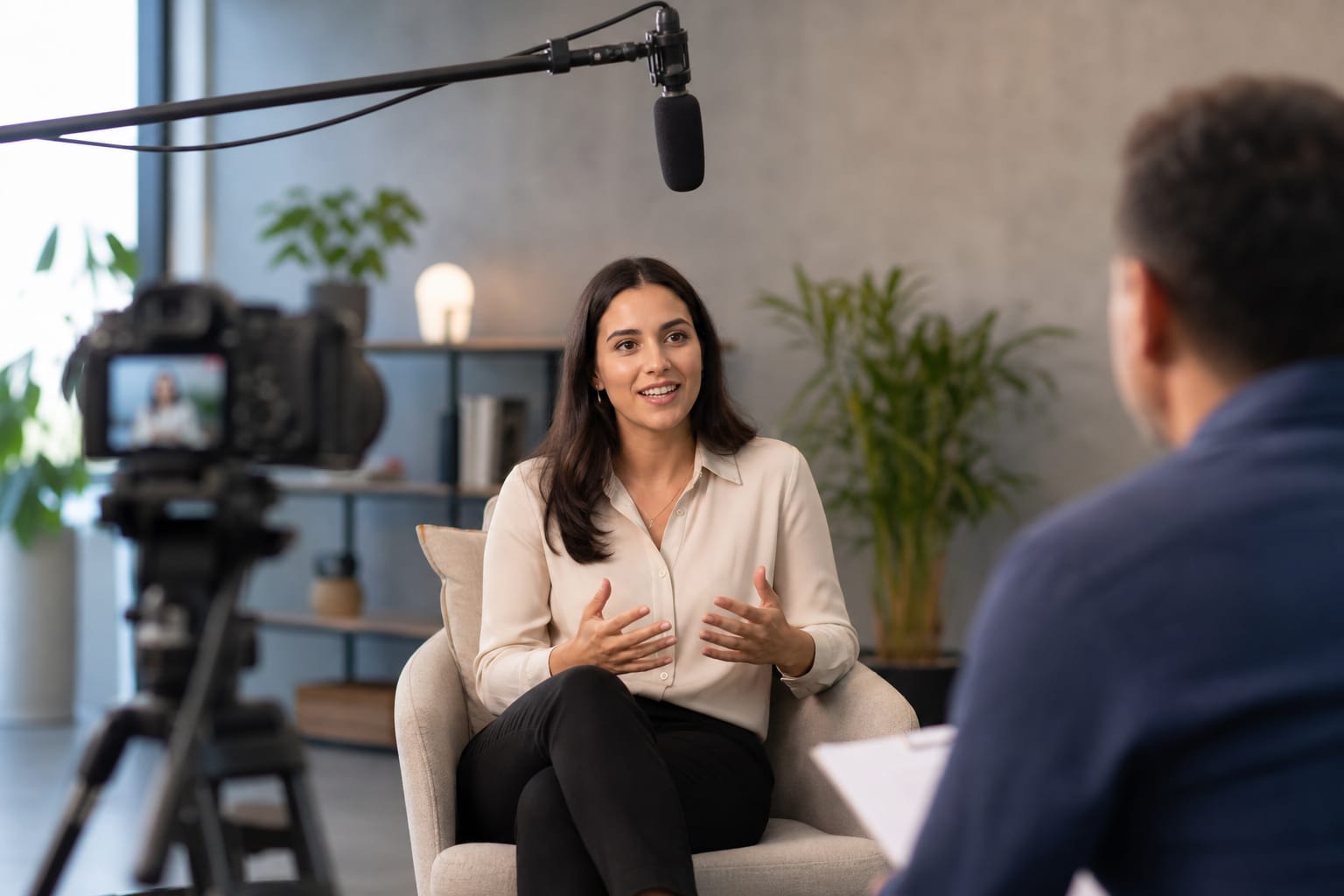 Person on camera in an interview video recording setup