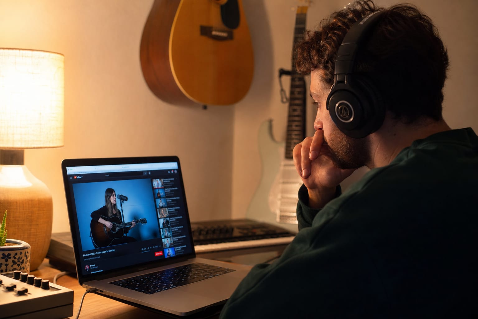 Musician watching a cover song on YouTube