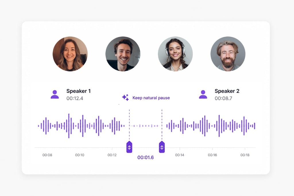 Waveform trim handles preserving natural pauses between speakers illustration