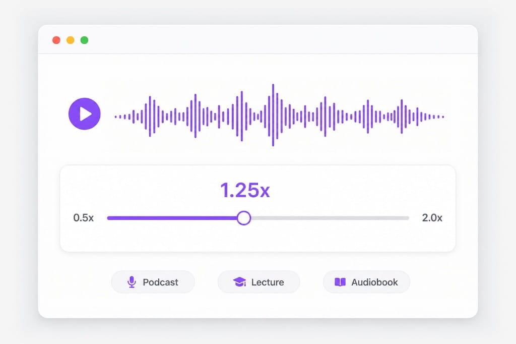 Adjust audio playback speed with slider and waveform preview illustration