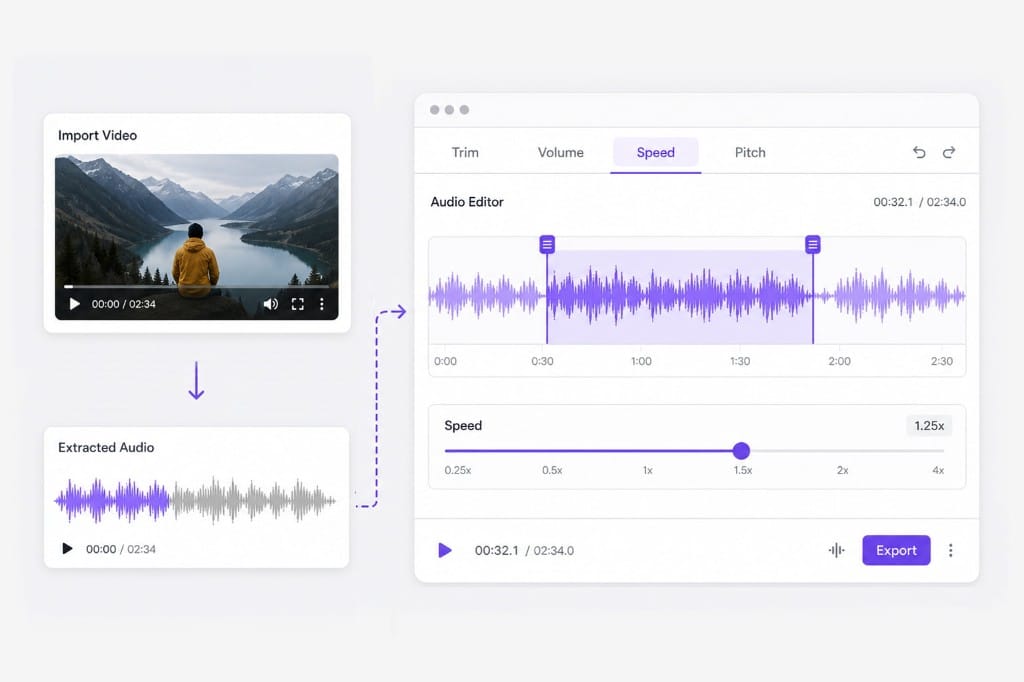 Trim volume speed and pitch in one browser editor workflow illustration