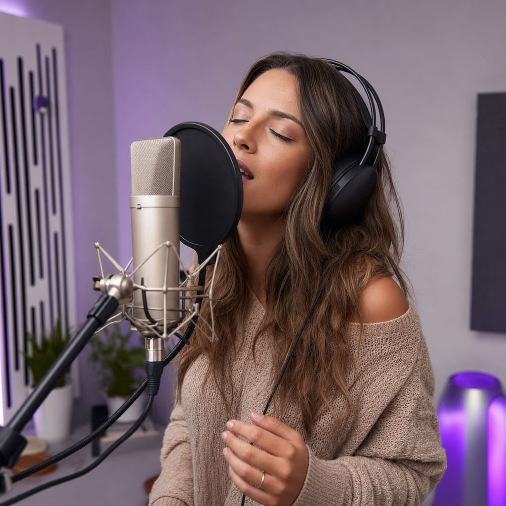 Singer recording an acapella vocal take with headphones