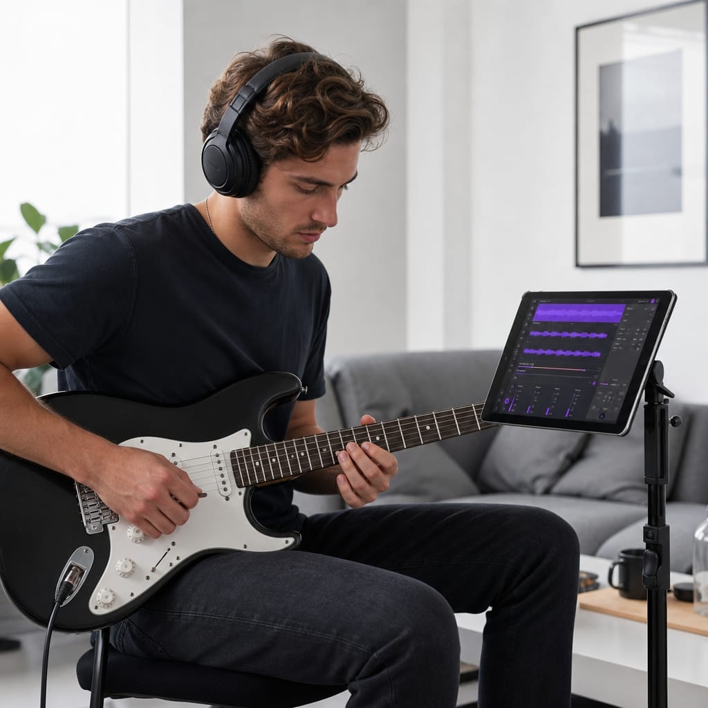 Musician practicing guitar while reviewing separated stems