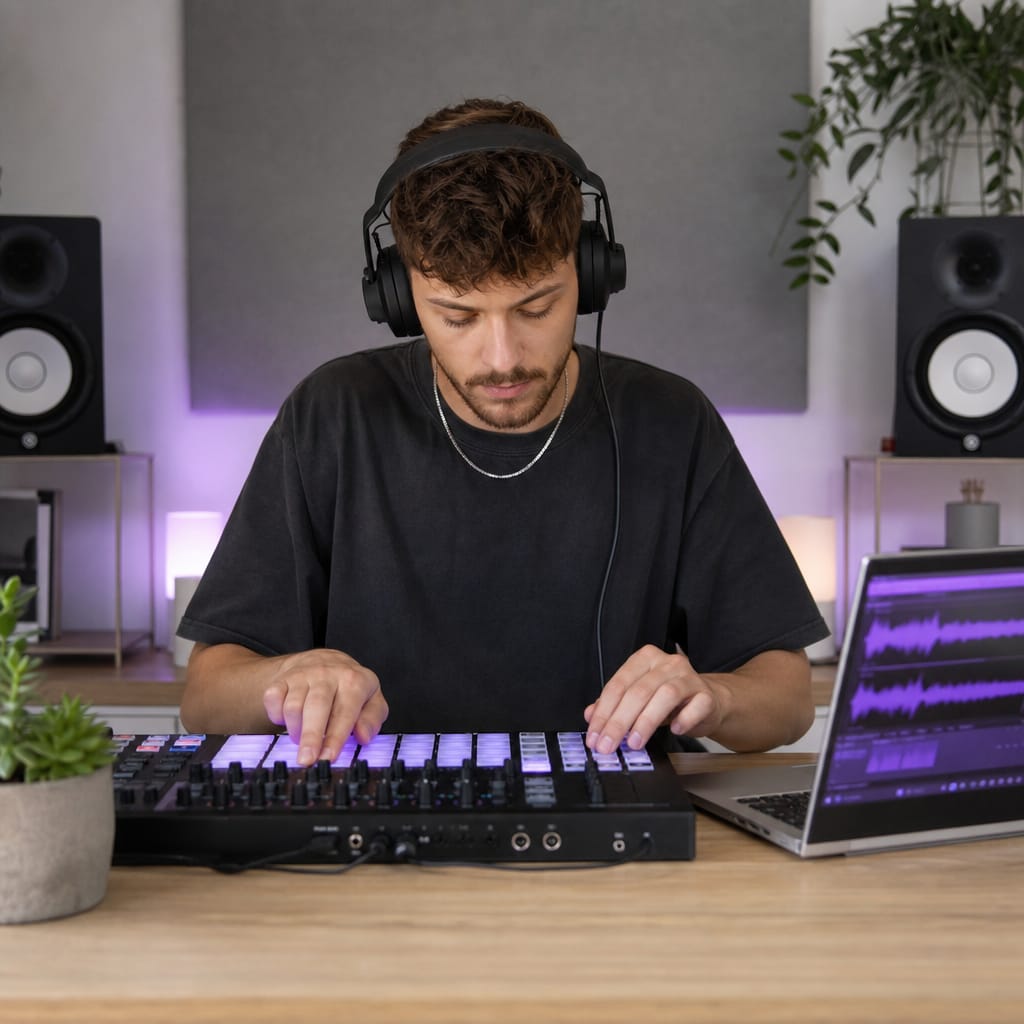 Producer sampling isolated drum and bass stems on a laptop
