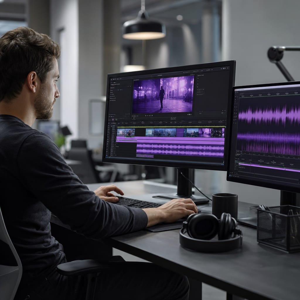 Video editor adjusting soundtrack stems on a timeline