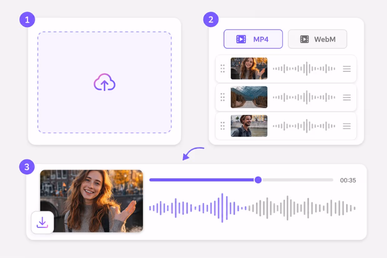 Add audio to video workflow: upload tracks, choose format, merge and download