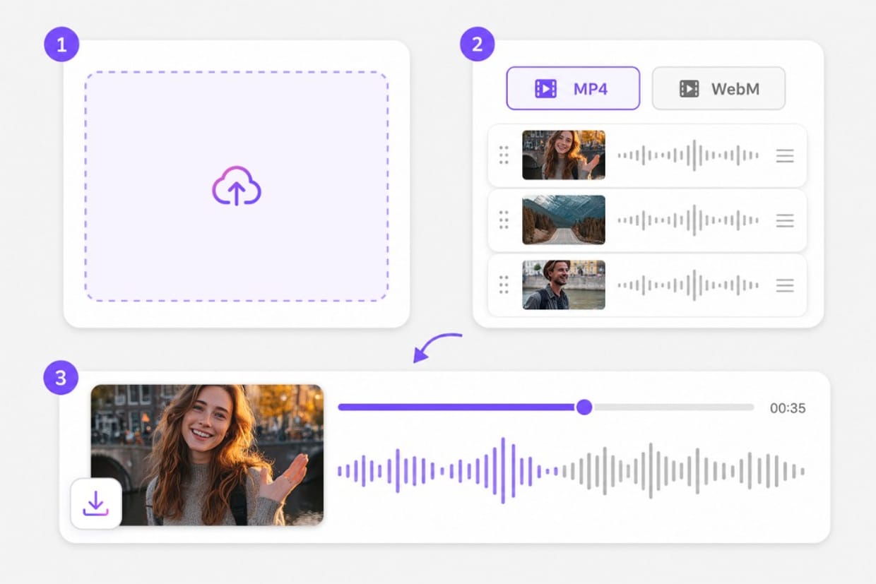Add audio to video workflow: upload tracks, choose format, merge and download