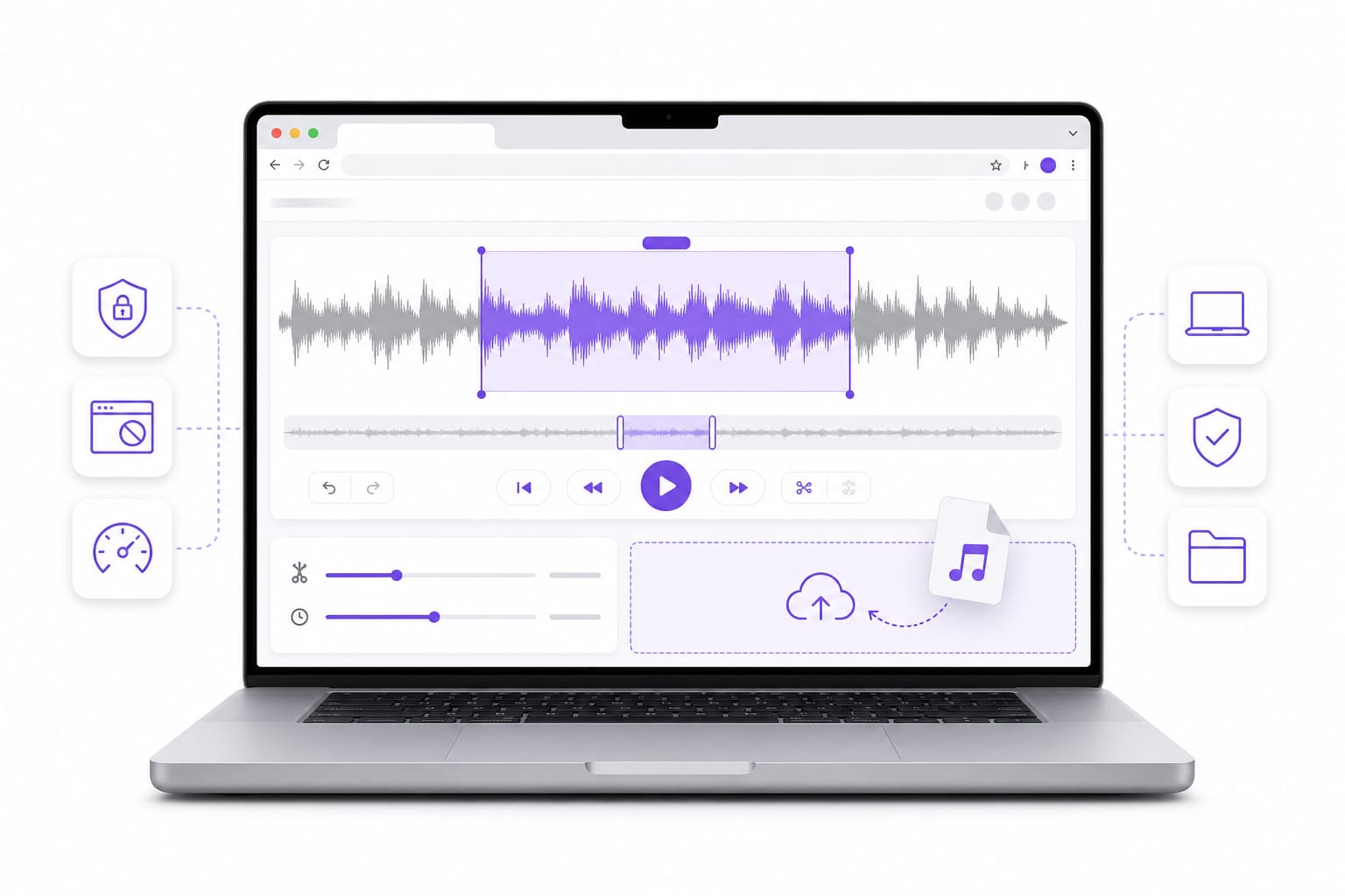 Illustrazione dello strumento basato su browser per tagliare file WAV che non richiede installazione su desktop