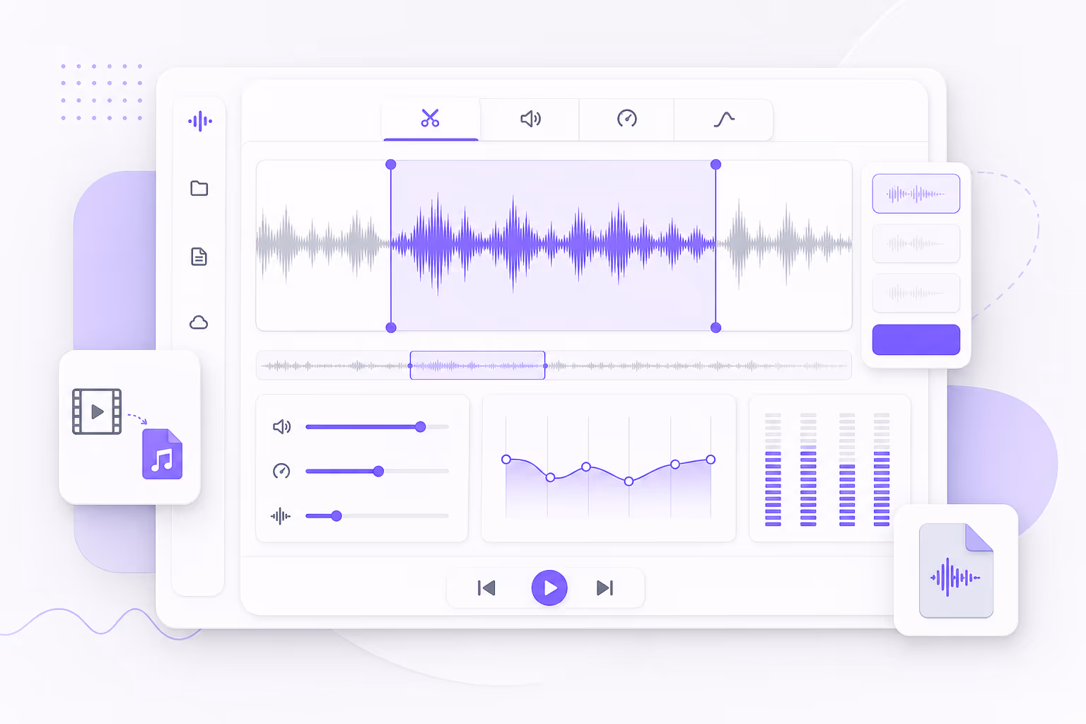 All-in-one audio editor with trim, volume, speed, and pitch controls illustration