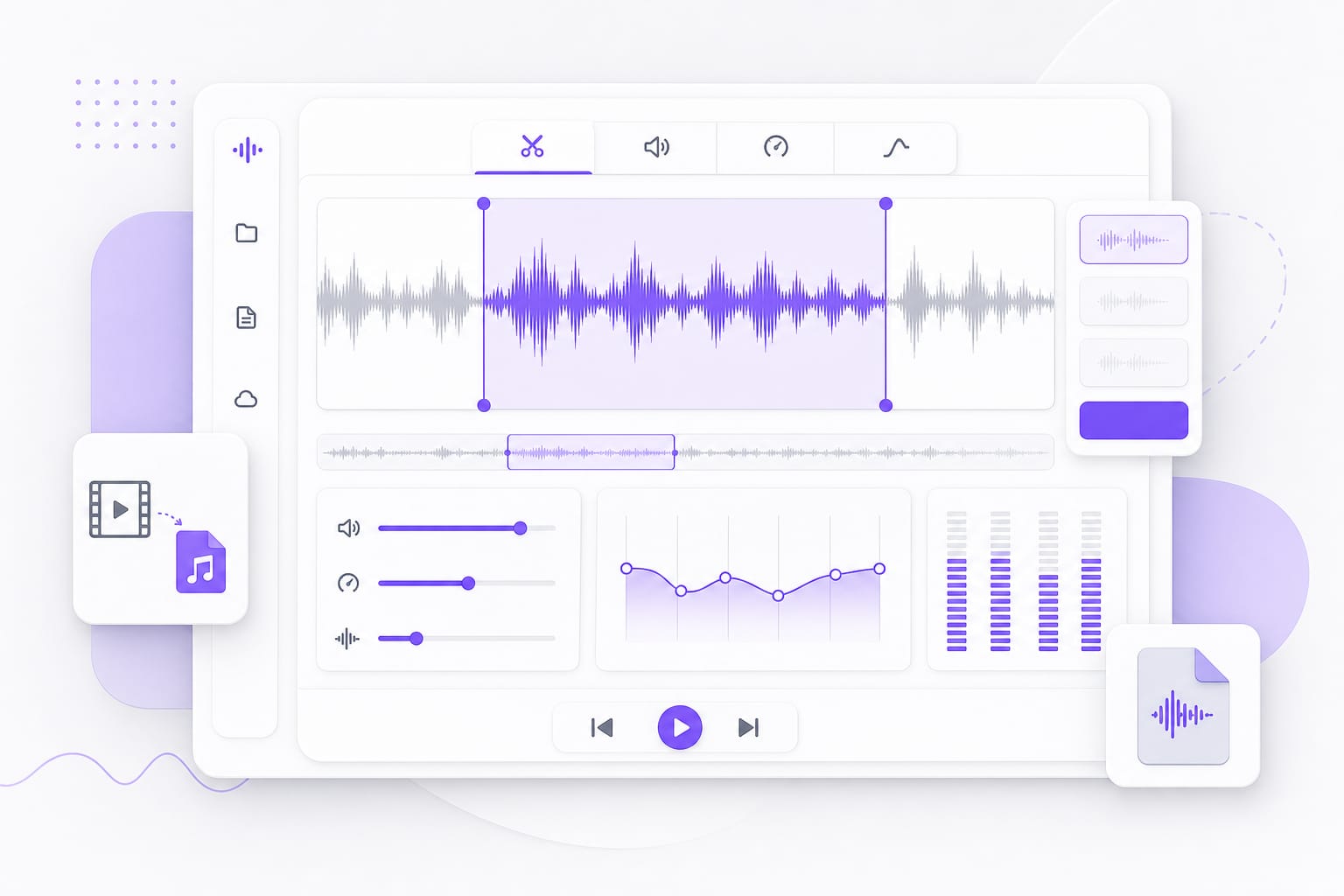 Illustrazione dell'editor audio all-in-one con controlli di ritaglio, volume, velocità e intonazione