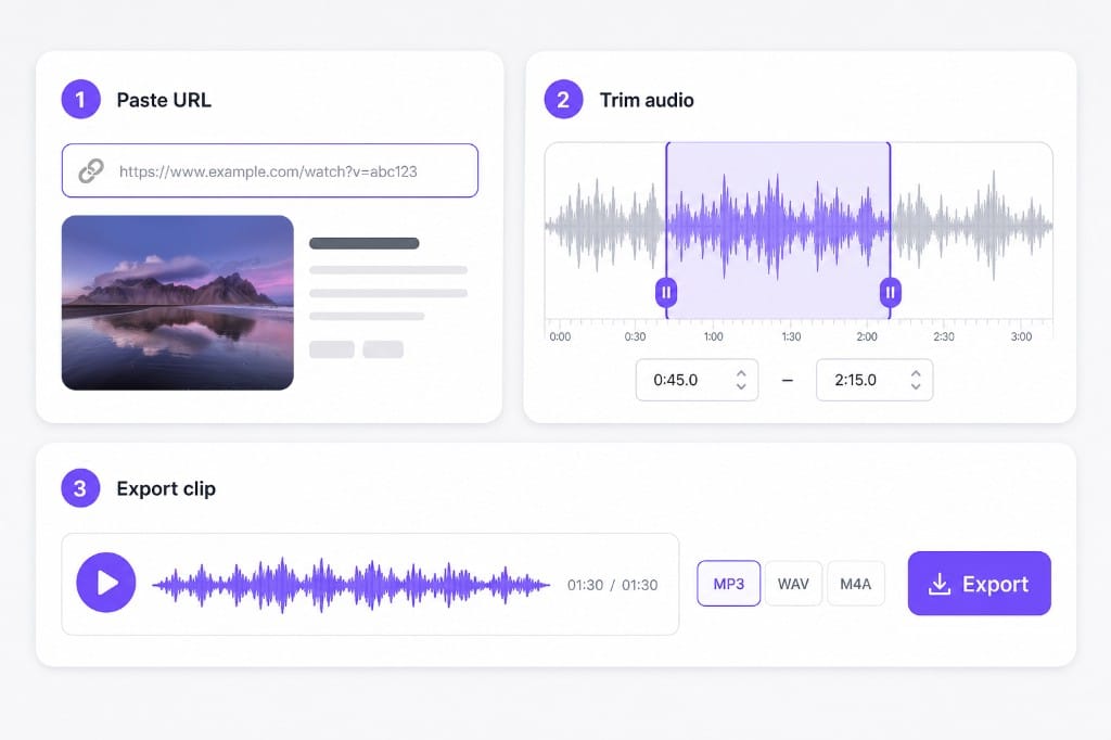 سير عمل مقص صوت يوتيوب: لصق رابط الوسائط، قص التحديد على الموجة، تصدير MP3 أو WAV
