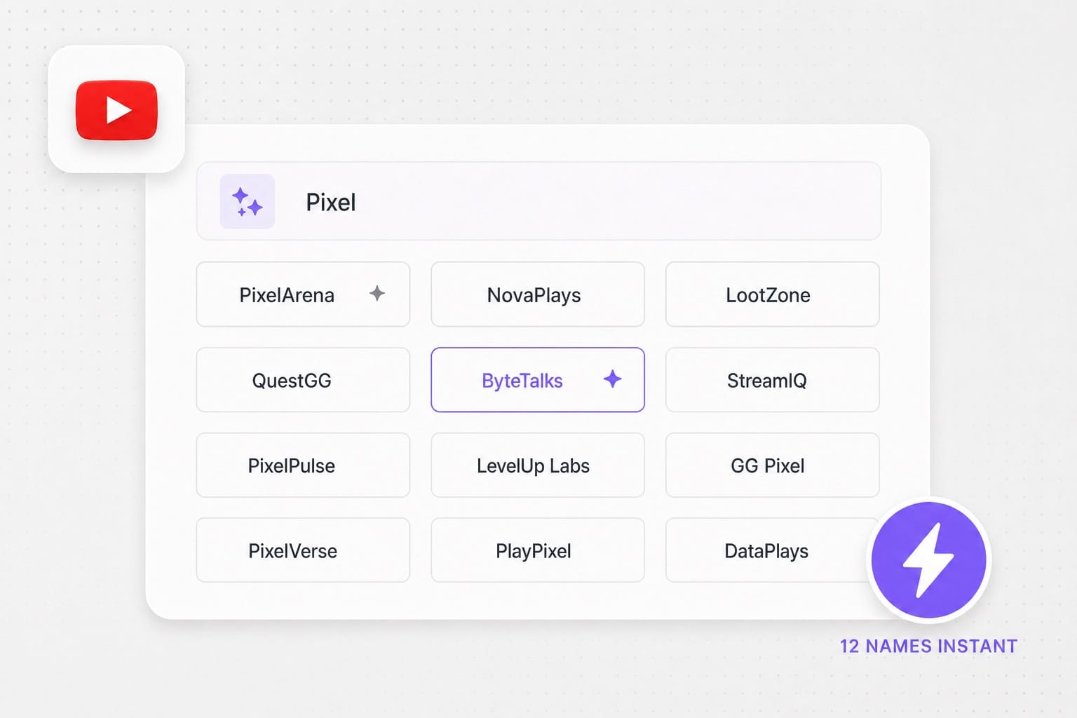 Instant youtube channel name generator results in a 12-name grid