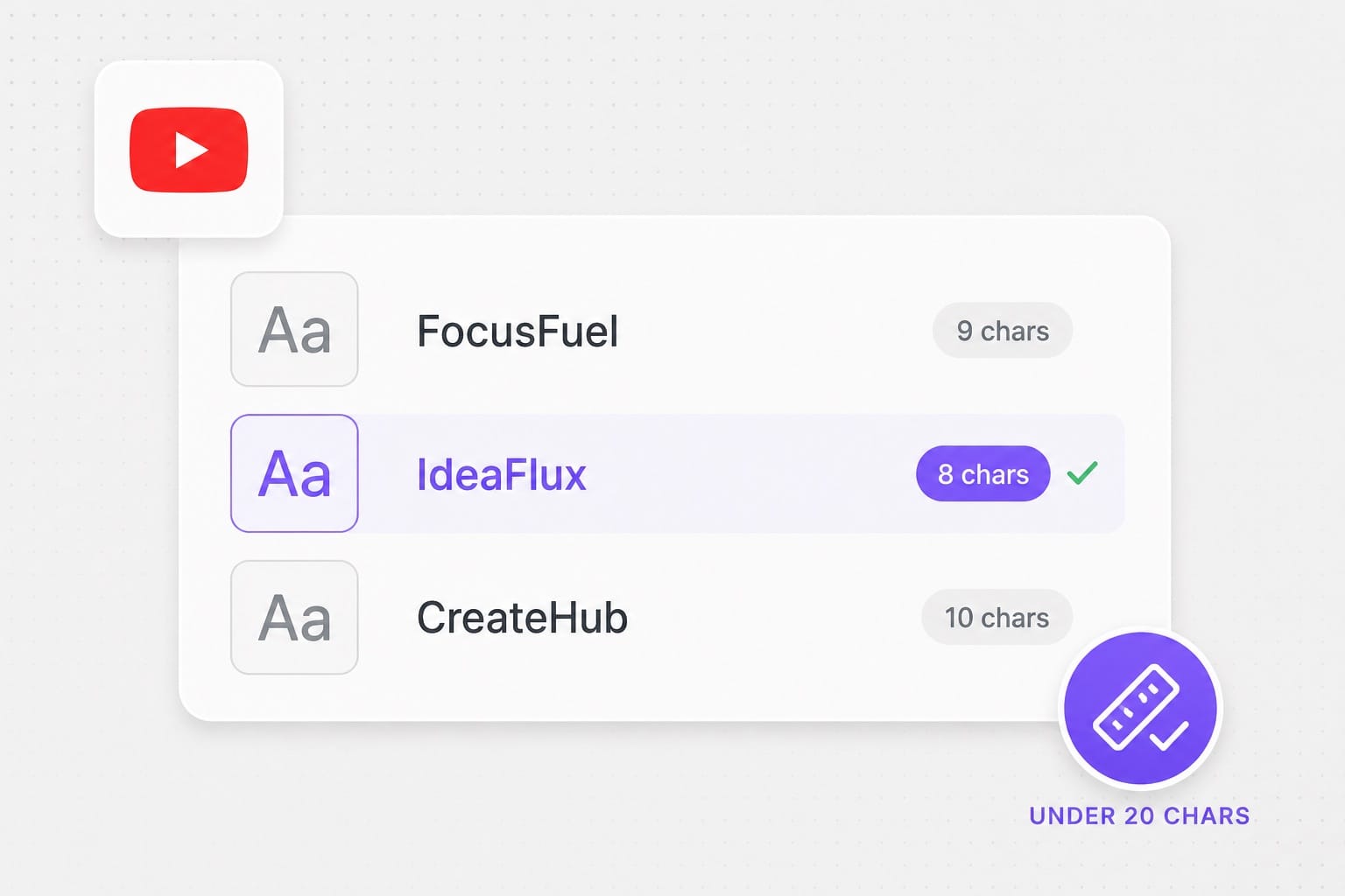 YouTube channel name ideas with character count badges under 20 characters