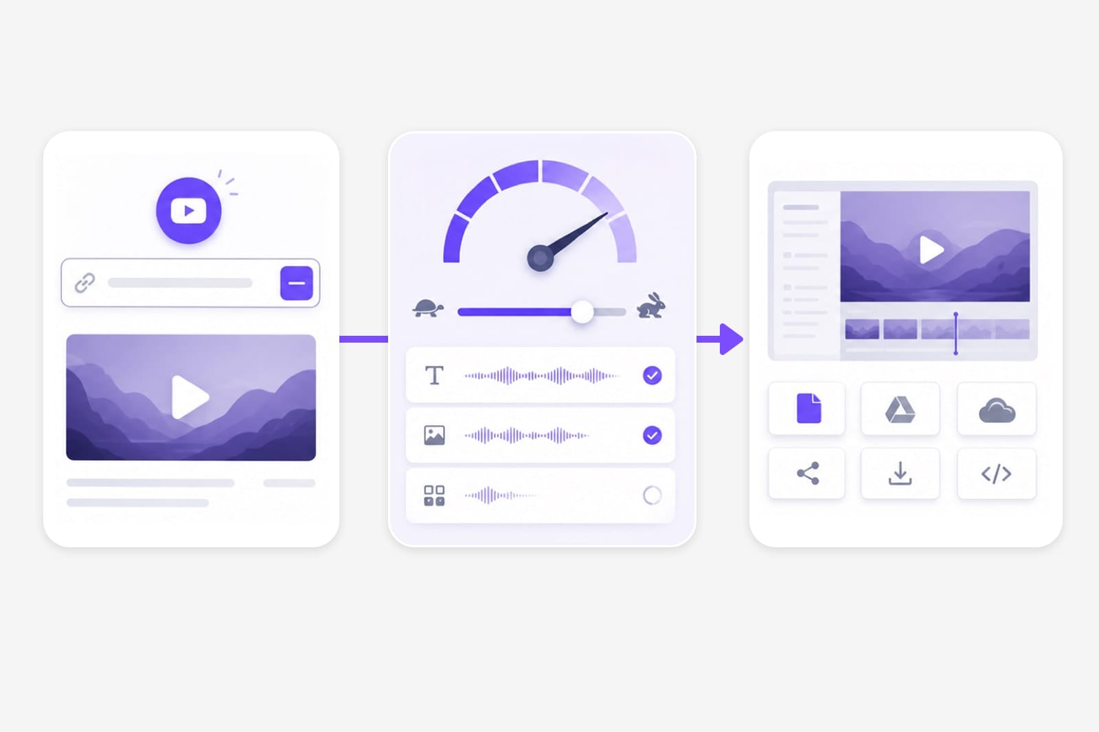 YouTube speed changer workflow: paste URL, adjust speed slider, export audio
