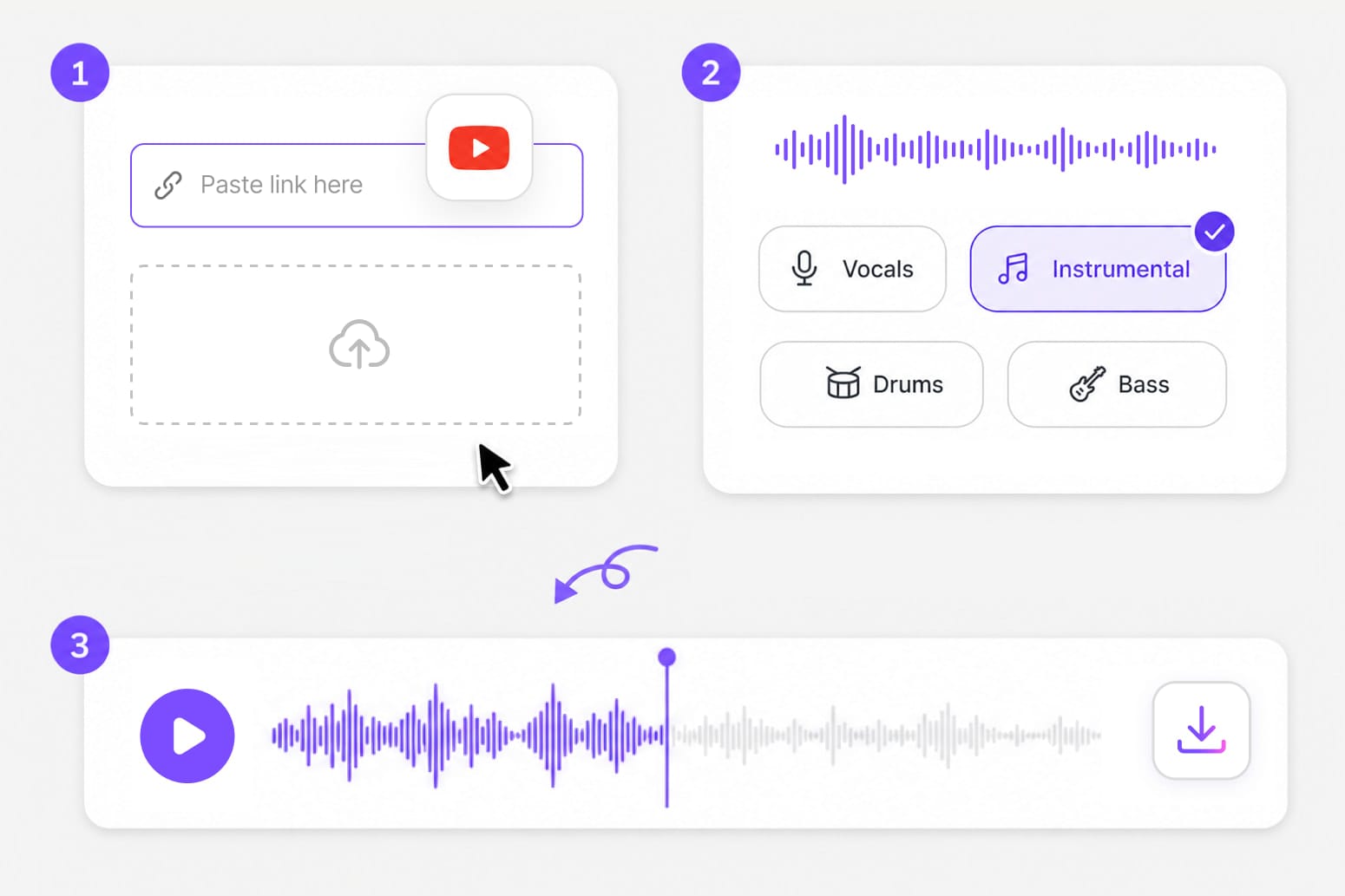 YouTube vocal removal workflow: paste a link, pick the instrumental stem, and download the backing track