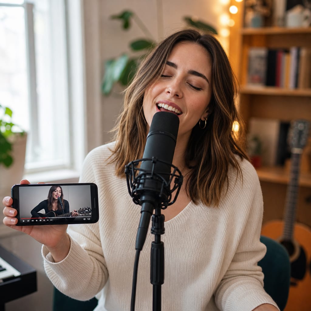 Singer performing over a full YouTube vocal mix